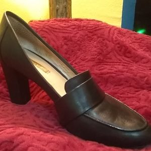 Black leather slip on heels